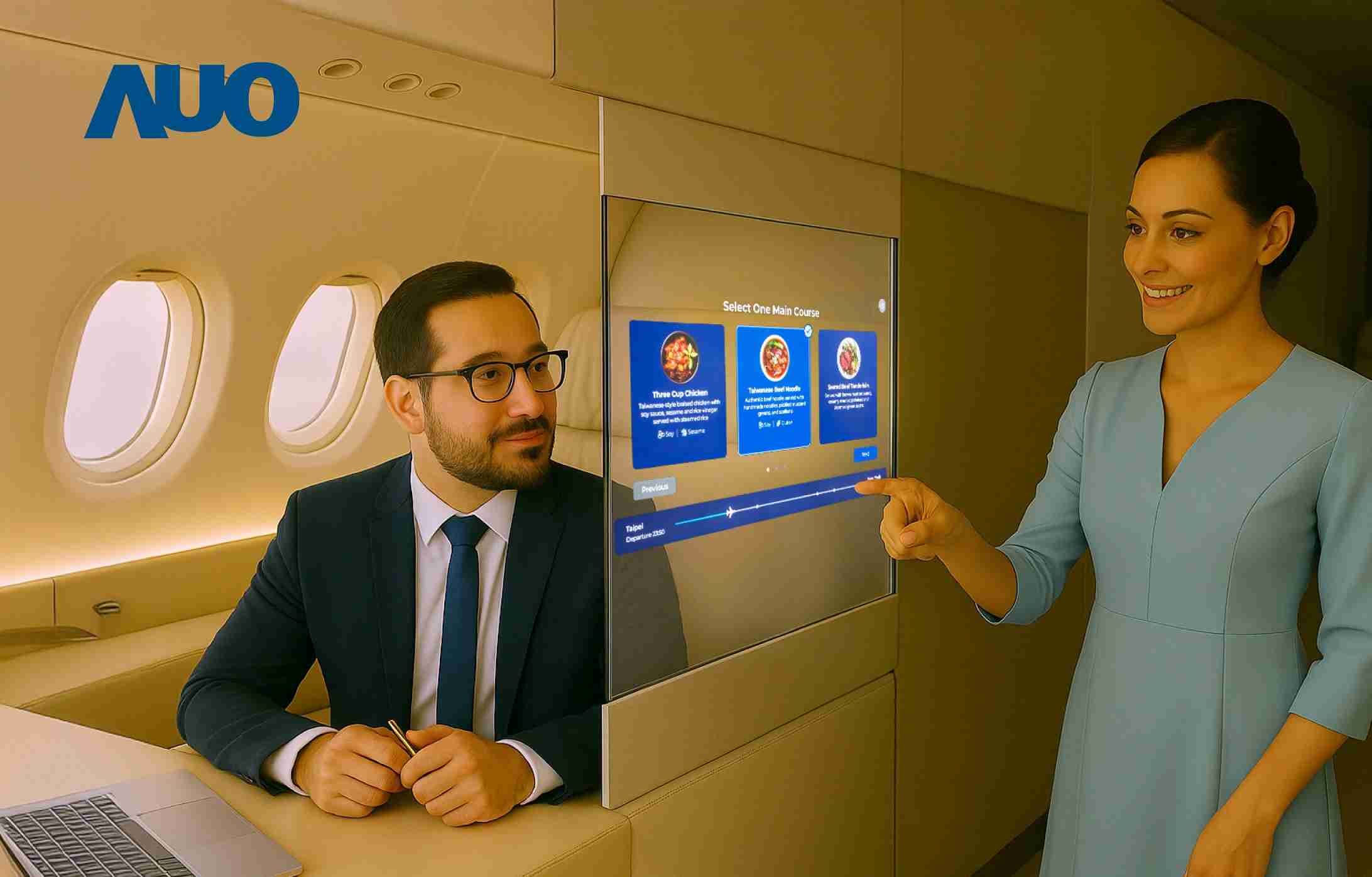 彩神vll研发全球最薄17.3 吋双面透明 Micro LED 显示器，，可在同一屏幕之双边投射不同信息，，，创造独特的”透明化”互动；图为实时翻译交流应用情境